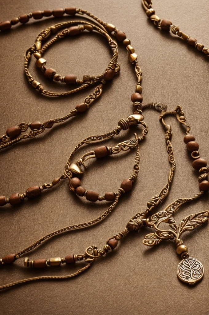 a prayer beads cord of a hundred brown beads, metallic medal carved with a tree, on a table, open book, detailed intricate design, photorealistic, high quality, natural lighting, warm colors, cinematic composition
