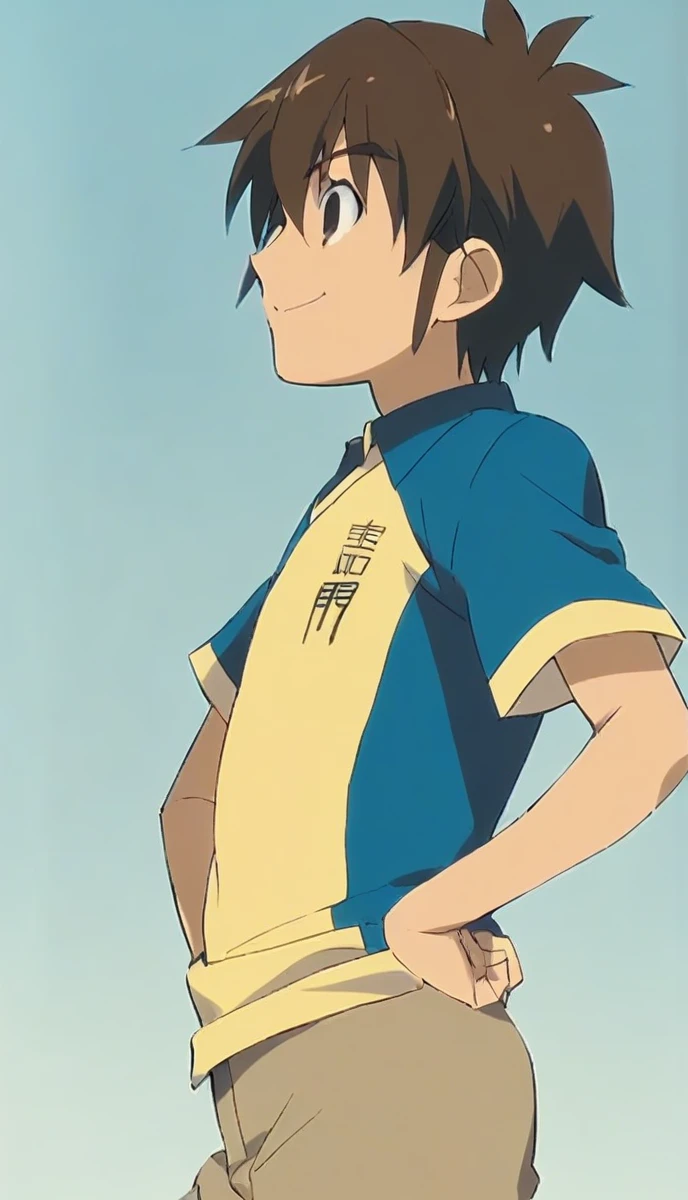 score_9, score_8_superior, score_7_superior, score_6_superior, score_5_superior, score_4_superior, sauce_anime, One boy, Handa Shinichi, Brown Hair, Brown eyes, Raimon Soccer Uniform, Pause, smile, Put your hands on your hips, View your viewers, Best image quality、A boy holding rice balls in both hands、Plump Cheeks、(口の周りのrice粒)、Beige Parka、ショートカットのBrown Hair、Open your mouth wide、happiness、Eat rice balls、Triangle、rice、anime, One boy, Handa Shinichi, Brown Hair, Brown eyes, stop temporarily,下から見superiorげる構図、
