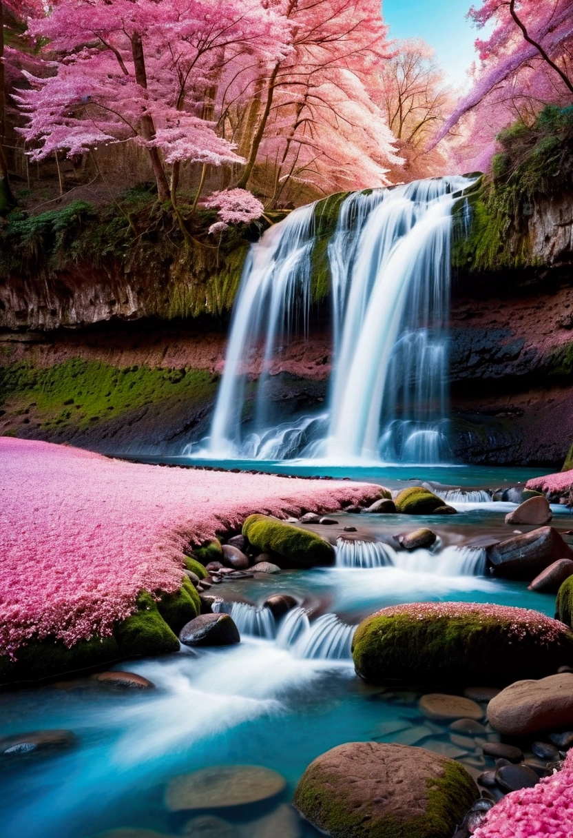 color photo of a magical landscape where everything is made of sweets: You find yourself in an enchanted valley, surrounded by cotton candy trees that gently rise in shades of pink, blue, and white. Before you, a flowing waterfall of melted chocolate cascades softly, creating small pools of sweet liquid all around.
Along the banks of the waterfall, a small clearing forms, where cookie stones and marshmallow intertwine to create a soft and delicious carpet. The crunchy cookie stones contrast with the softness of the marshmallows, creating a scene of textures and flavors that seem taken straight out of a fairy tale.