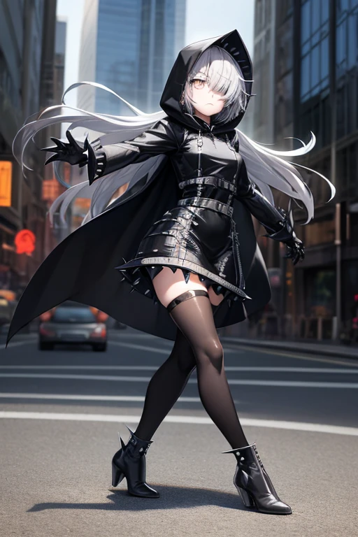 ((best quality)), ((masterpiece)), (detailed), 1 girl, Full body, 18 years old, Depressed face, Silver eyes, One eye, Outstretched arms, Covered eyes, Silver hair, Long hair, Spiky hair, Bangs, Strand of hair covering her eye, Full body, Tall, Athletic, Small breasts, Slim, Gray zippered hood, Metal spikes, Gray wristbands, Long black spiked gloves, Gray gothic outfit, Gothic ta, Gray dress with metal spikes, Metal emblem, Tight fit, Black belt, Black stockings, Black boots, Walking through the city, Metal spikes coming out of the highway, City background, Gray clothes, Superhero, Anime, Plush rabbit in her arms