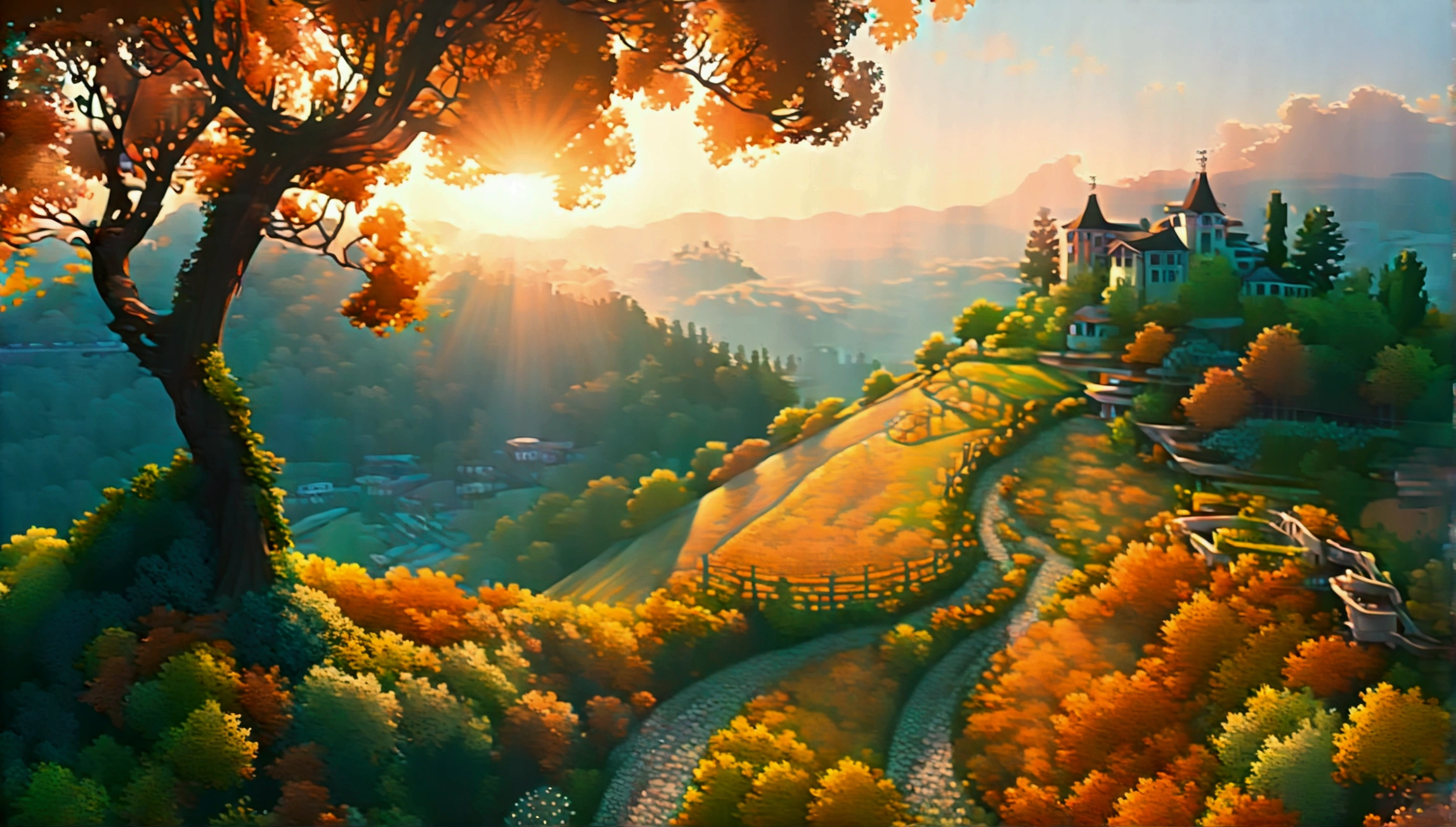 Distant beautiful small village on the top of the hill, drone point of view, an the back is distant mountain covered with fog, morning light the scene is warm and tranquil with morning sun pass through the tree leaves, peaceful, illustration, isolated with solid white background, surrounded with negative space, centered composition, very precise line, Isolated, (((solid white background))), perspective angle of view, (masterpiece), (best quality), Leonardo style, vector art, (lora:Leonardo-illustration:1), vector art, washed out color, rich and intricate detail, (lora:add-detail-xl:2)