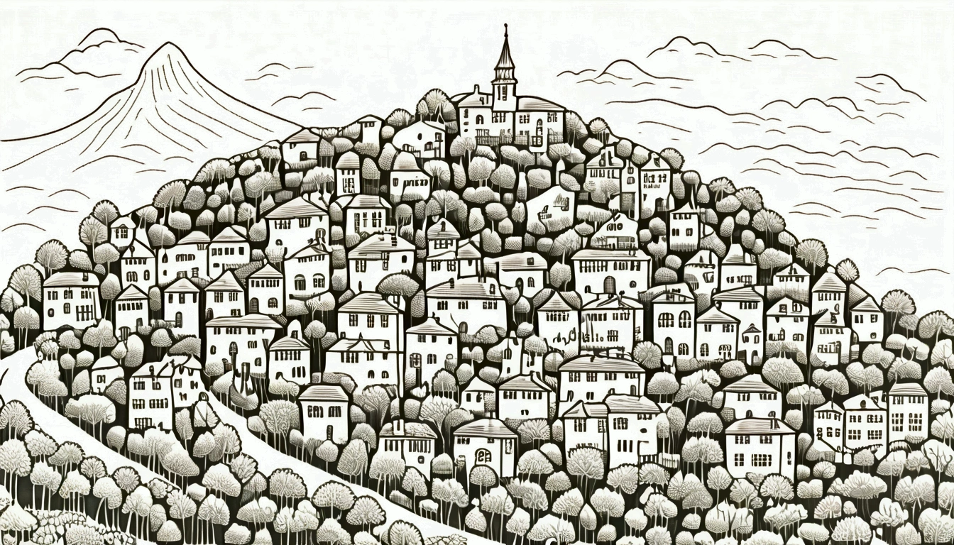 Distant beautiful small village on the top of the hill, drone point of view, an the back is distant mountain covered with fog, morning light the scene is warm and tranquil with morning sun pass through the tree leaves, peaceful, illustration, isolated with solid white background, surrounded with negative space, centered composition, very precise line, Isolated, (((solid white background))), perspective angle of view, (masterpiece), (best quality), Leonardo style, vector art, (lora:Leonardo-illustration:1), vector art, washed out color, rich and intricate detail, (lora:add-detail-xl:2)