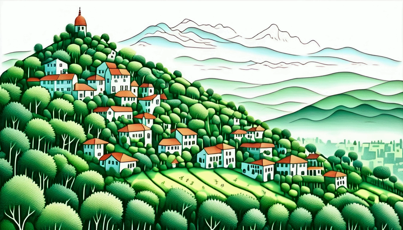 Distant beautiful small village on the top of the hill, drone point of view, an the back is distant mountain covered with fog, morning light the scene is warm and tranquil with morning sun pass through the tree leaves, peaceful, illustration, isolated with solid white background, surrounded with negative space, centered composition, very precise line, Isolated, (((solid white background))), perspective angle of view, (masterpiece), (best quality), Leonardo style, vector art, (lora:Leonardo-illustration:1), vector art, washed out color, rich and intricate detail, (lora:add-detail-xl:2)