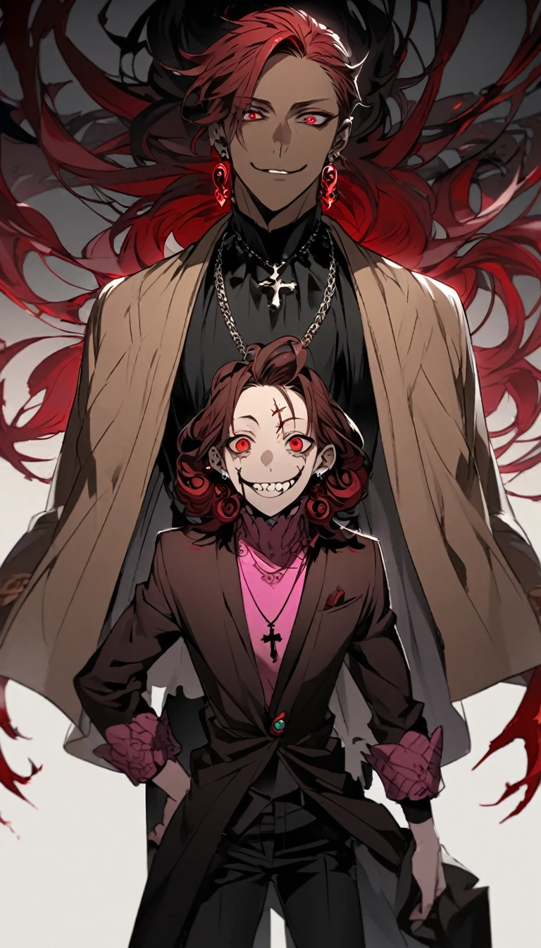 a man with dark skin with curly red hair, he wears a pink shirt with a brown coat and a necklace with an inverted cross attached to it as a pendant, he has red eyes with distorted pupils and a three-pointed scar in the middle of his head. forehead, he wears red pebble earrings, he wears black dress pants and mid-calf boots with high heels, he has a horrifying smile with several crooked teeth, he stares at you in an extremely frightening way, he is handsome with a elegant yet extremely hideous and strange way.