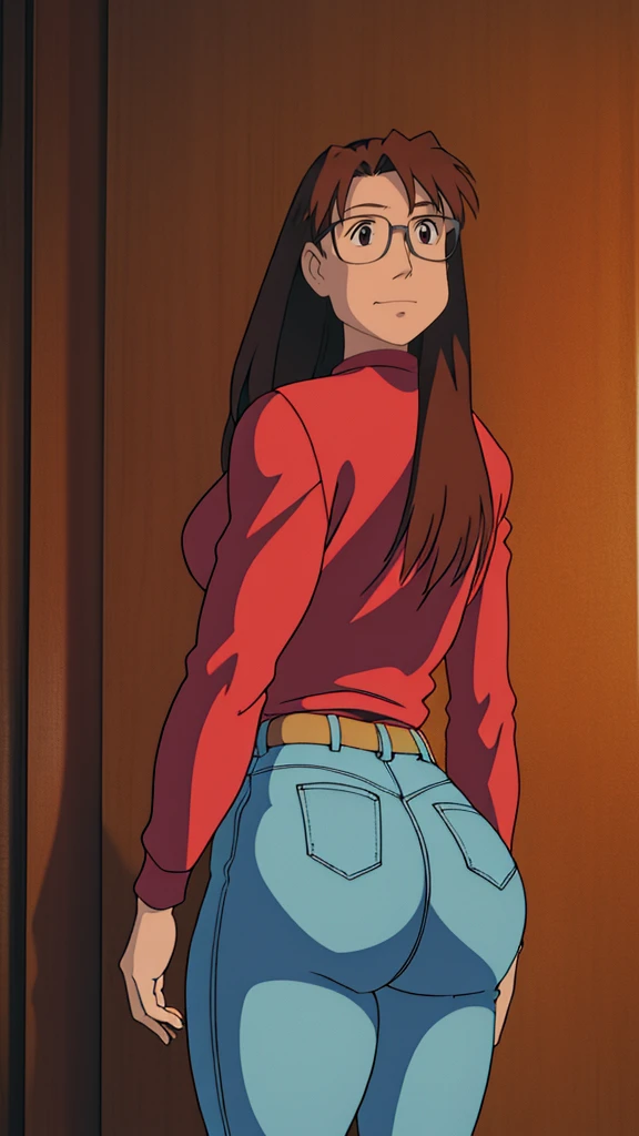 Koyomi mizuhara, glasses, brown hair, long hair, medium breasts, sports Long sleeved Jersey shirt, medium bubble butt, biker leggings, back of view, Wallpaper, luscious lips, 90’s, vintage, high quality, tight jeans, touching her butt, looing back, aroused, eyeing you, lewd smirking