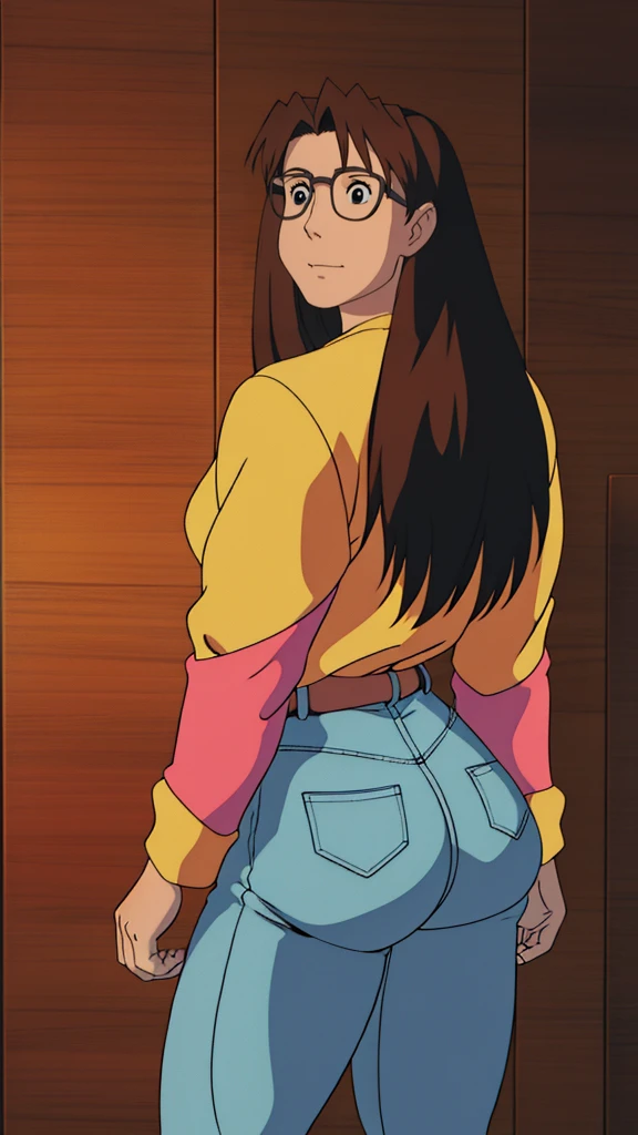 Koyomi mizuhara, glasses, brown hair, long hair, medium breasts, sports Long sleeved Jersey shirt, medium bubble butt, biker leggings, back of view, Wallpaper, luscious lips, 90’s, vintage, high quality, tight jeans, touching her butt, looing back, aroused, eyeing you, lewd smirking