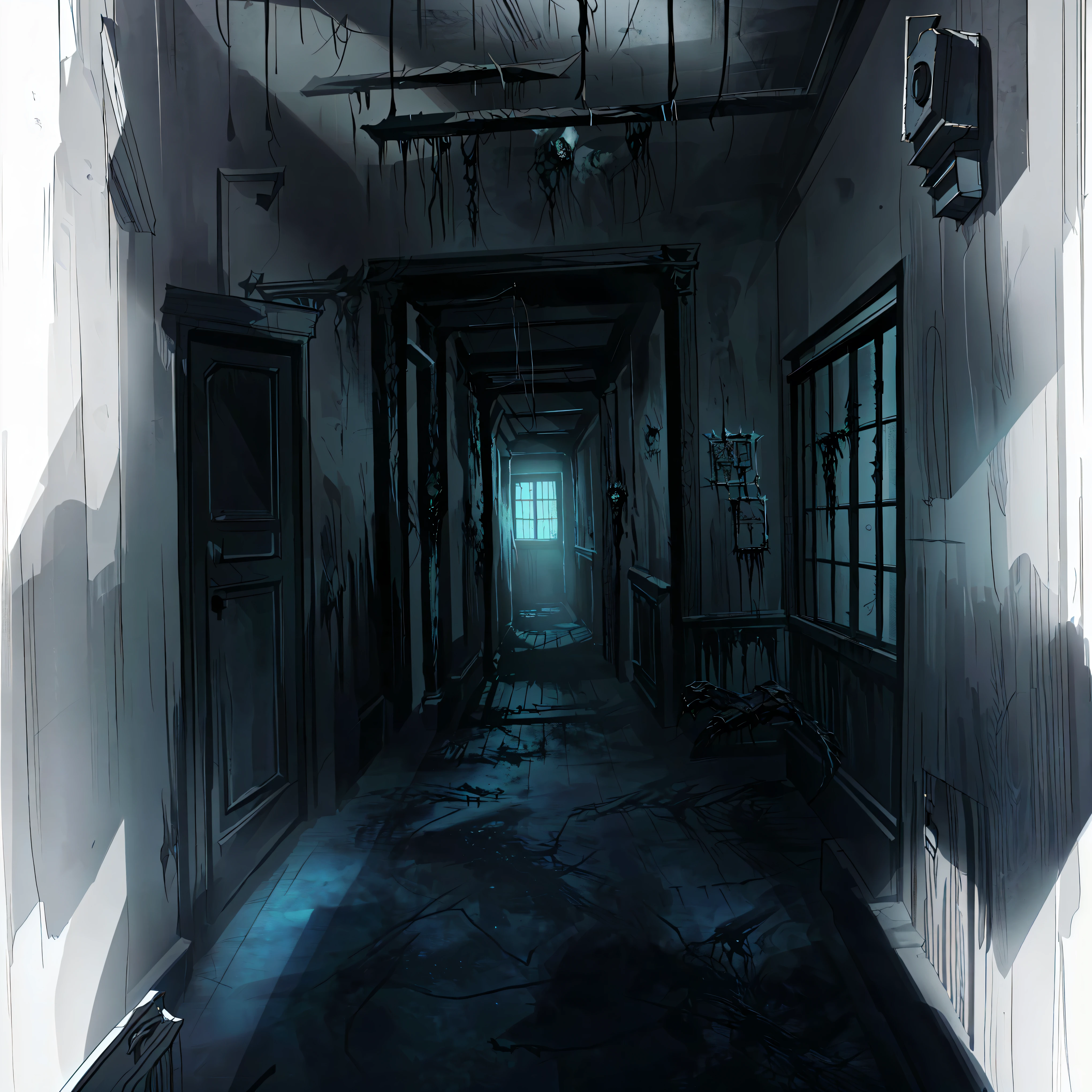 There is a photo of the hallway，Light comes in from the window, Prison Background, Silent Hill concept art, Creepy liminal space, Horror Concept Art, dark hallways, Interior Background Art, Weird nostalgic concept art, dark hallway, Dark Concept Art, long dark hallway, The terrifying empty limbo, Horror environment, creepy backgrounds, dark hallway