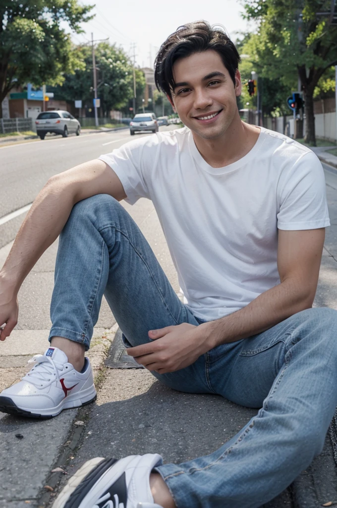 Realistic photo of a handsome guy with straight black hair, white t-shirt, jeans, wearing shoes, smiling, sitting relaxed on the side of the road,