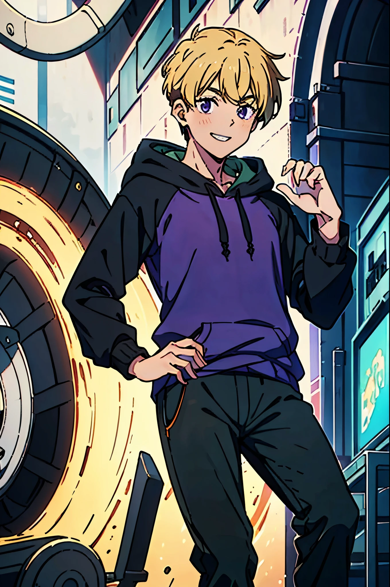 8k, original, (((1boy, solo))), teenager, illustration, mix, (single object), hd, absurdres, lora ((mappa studio style)), anime style, 2d, celshade style, digital art, (short hair), (((undercut hairstyle))), side-trimmed hair, (blonde hair), ((dark purple short sleeves hoodie)), (((with (sweater), ((long sleeves)), black sleeves))), black long pants, red sneakers, wide smile, teeth, suburban, hand folded pose, low angle, mid day