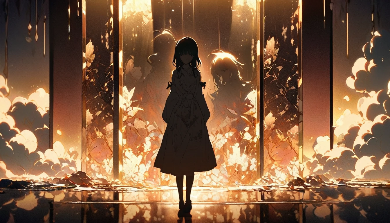 A melancholic anime girl standing in a softly lit room, facing a tall mirror that reflects a shattered image, symbolizing broken dreams and unfulfilled expectations. The room is cozy with personal items scattered around, indicating a once cherished relationship. A window lets in the soft light of a setting sun, casting long shadows and a warm glow, symbolizing the passage of time and fading hopes. The girl's posture is slightly slumped, conveying her emotional struggle. She holds a photo of someone she once admired, realizing the truth about them. The atmosphere is filled with sadness and realization, but also a hint of strength as she begins to accept reality and move on. The lighting enhances her reflective mood, with shadows accentuating the depth of her emotions. Use soft, warm colors for the lighting and a detailed anime art style