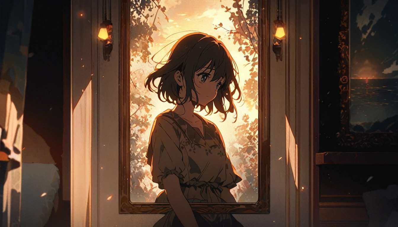 A melancholic anime girl standing in a softly lit room, facing a tall mirror that reflects a shattered image, symbolizing broken dreams and unfulfilled expectations. The room is cozy with personal items scattered around, indicating a once cherished relationship. A window lets in the soft light of a setting sun, casting long shadows and a warm glow, symbolizing the passage of time and fading hopes. The girl's posture is slightly slumped, conveying her emotional struggle. She holds a photo of someone she once admired, realizing the truth about them. The atmosphere is filled with sadness and realization, but also a hint of strength as she begins to accept reality and move on. The lighting enhances her reflective mood, with shadows accentuating the depth of her emotions. Use soft, warm colors for the lighting and a detailed anime art style
