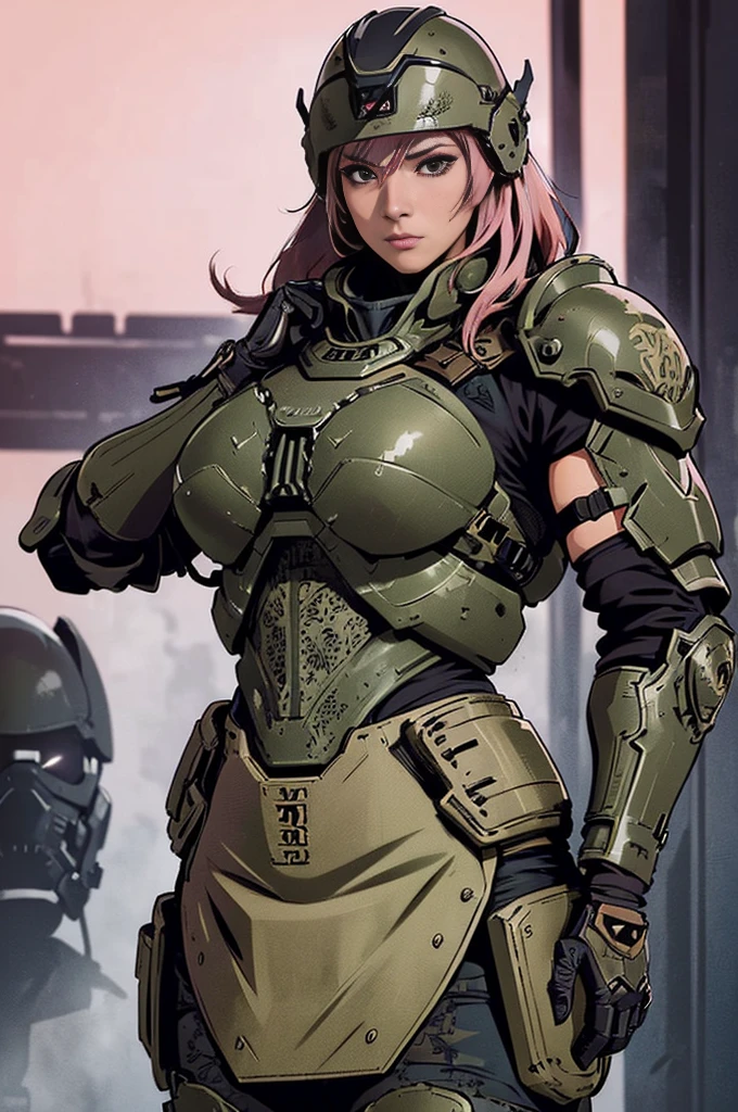 solid metal gear style, (detailded intricate full cover tactical helmet:1.3), (pink  hair), cowboy shot, dynamic pose, 1 girl, standing alone, ray tracing, (work of art), (best qualityer), (detailded), (detailded tactical gear:1.1), (body armor:1.1), combat pants, mitts, (intricate background:1.1), 