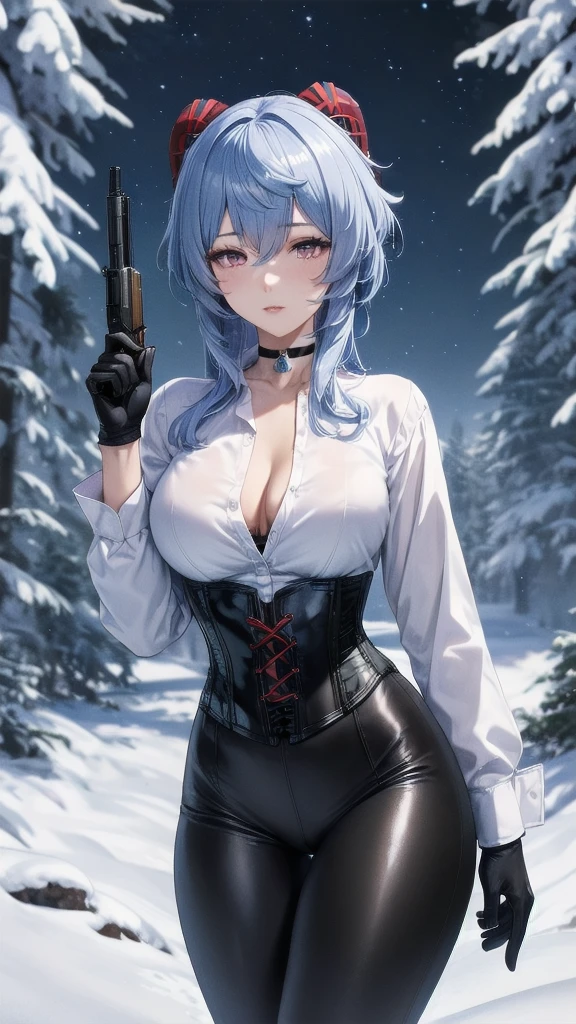 Masterpiece, Beautiful art, professional artist, 8k, sleeping expression, very detailed face, Detailed clothing, detailed fabric, 1 girl, Hiring, (genshin impact), View from the front, standing, perfectly drawn body, pale skin, shy expression, beautiful face, agregar cuernos de Hiring en la cabeza, Long sky blue hair, 4k eyes, very detailed eyes, pink cheeks, choker:1.6, (white long sleeve button down shirt with white collar), black gloves, gloves that cover hands, (holds a gun), (black leather corset), (shiny black leggings), Sensual Lips, show details in the eyes, snowy dark forest, at night, starry night sky