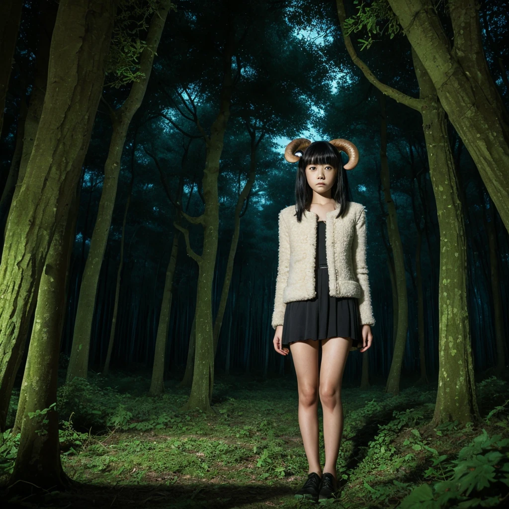 [author：Junji Ito], Dark horror scene, [Detailed shadows], [vein], (Bioluminescent mushroom forest), 1 Girl, Huge cosmic eyes, Spiral Fungus, Human Development Report fluffy black hair sheep horns. Insane