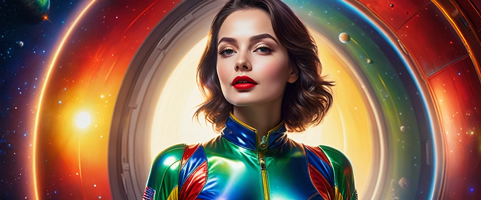 high contrast illustration, shades of blue colors, back point a view, a beautiful european woman, looking at the viewer with suspicious face and a shy smile, she wears shyne metalic space suit, hands in the waist, dramatic vivid lights, in deep space with a planet and sun