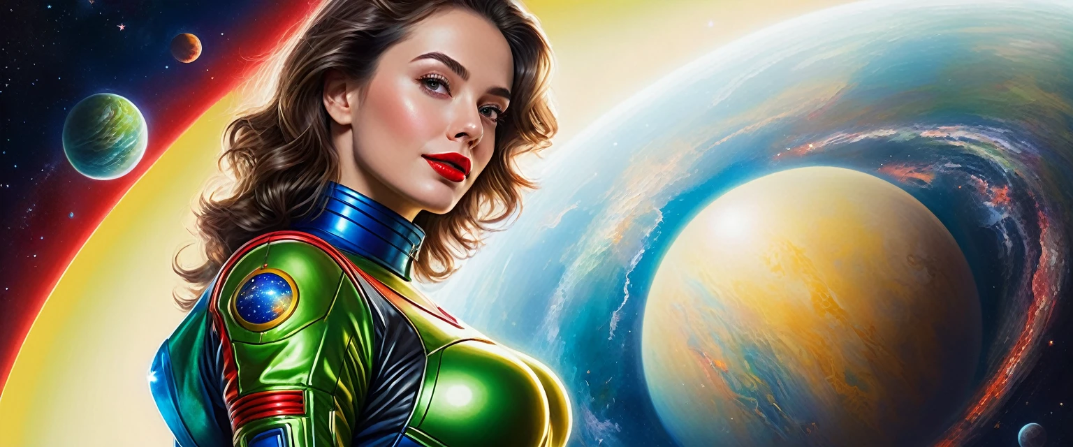 High-quality realistic art, VIVID COLORS, back point a view, a beautiful european woman, looking at the viewer with suspicious face and a shy smile, red lips, she wears green blue metalic space suit, hands in the waist, dramatic yellow blue red lights, in deep space with a planet and sun