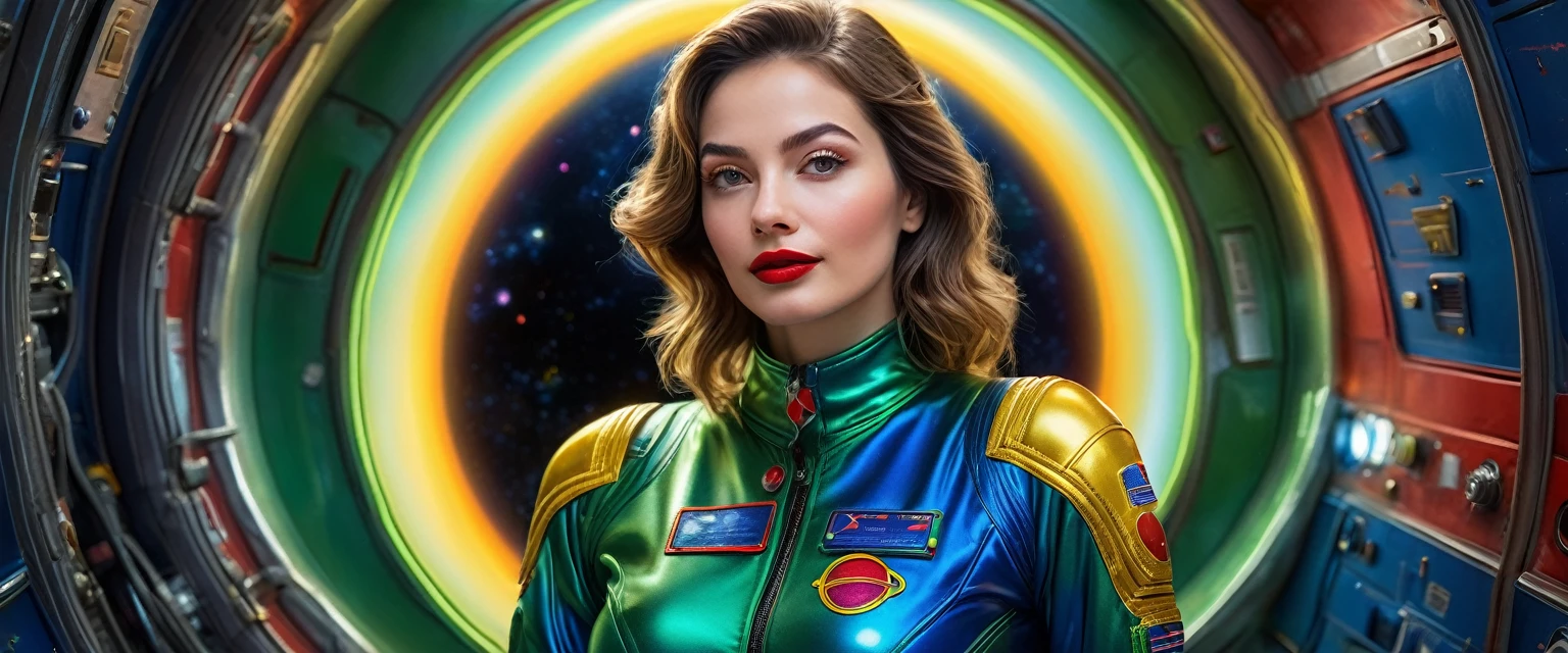 high contrast illustration, shades of blue colors, back point a view, a beautiful european woman, looking at the viewer with suspicious face and a shy smile, she wears shyne metalic space suit, hands in the waist, dramatic vivid lights, in deep space with a planet and sun