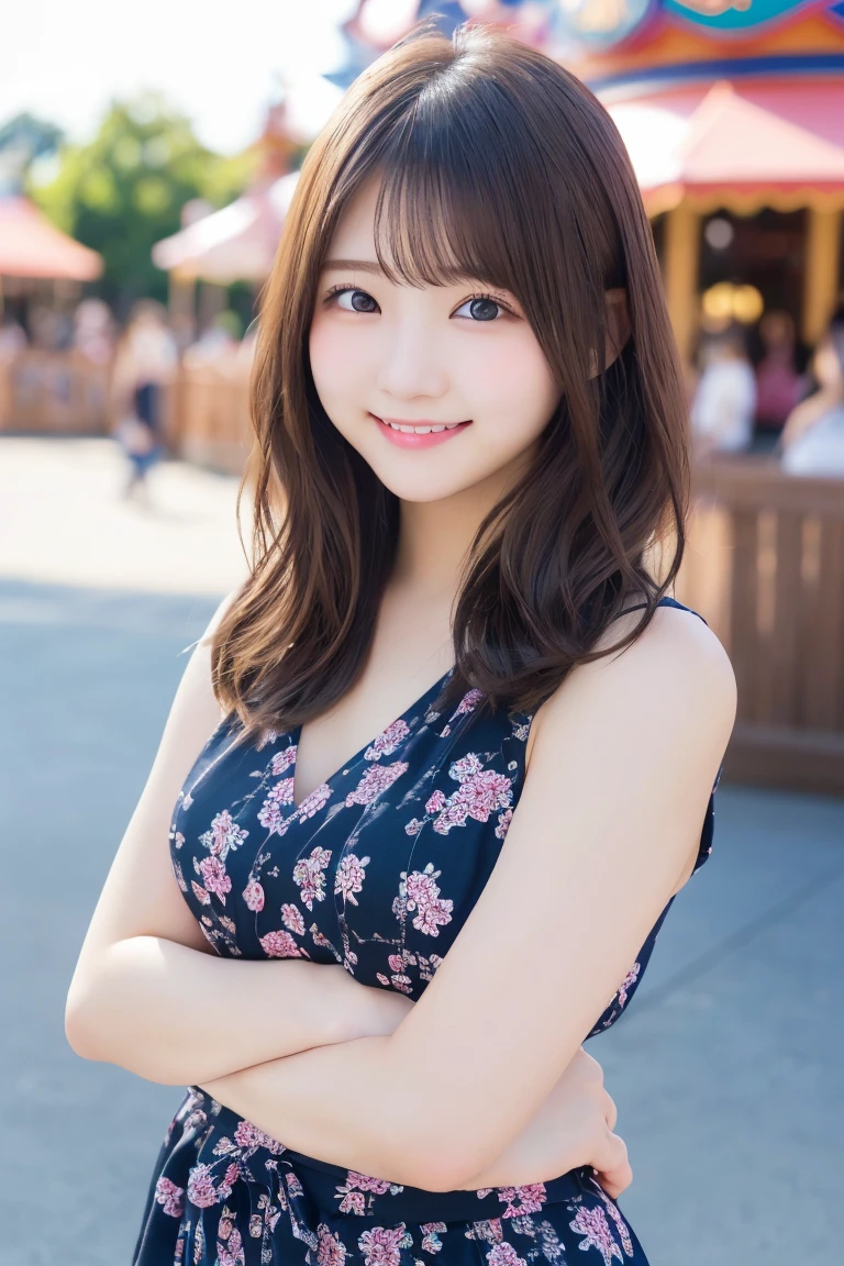 1 girl、japanese、Highest quality, (beautiful)、Very delicate eyes、Brown eyes、22-year-old female、summer、office、amusement park、smile、cheeks are slightly plump、(((whole body)))、As if looking up from below、Various poses、Various hairstyles、Highly detailed face、Perfect lighting、 (Perfect hands、Perfect Anatomy)、