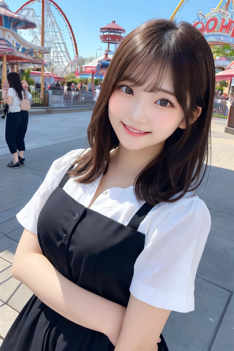 1 girl、japanese、Highest quality, (beautiful)、Very delicate eyes、Brown eyes、22-year-old female、summer、office、amusement park、smile、cheeks are slightly plump、(((whole body)))、As if looking up from below、Various poses、Various hairstyles、Highly detailed face、Perfect lighting、 (Perfect hands、Perfect Anatomy)、