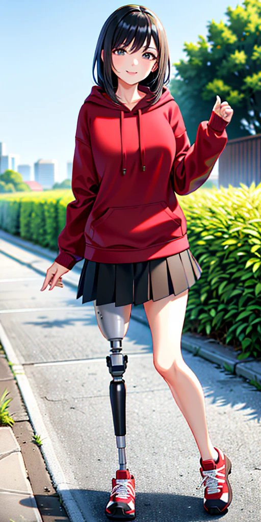 best quality, 1girl, solo, standing, outdoors, medium hair, black hair, straight hair, Lock of red hair, looking at viewer, medium breasts, (prosthetic leg:1.2), full body, smiling, (skirt:1.2), two prosthetic legs, sneakers, lycra skirt, oversized_hoddie, black oversized_hoddie.