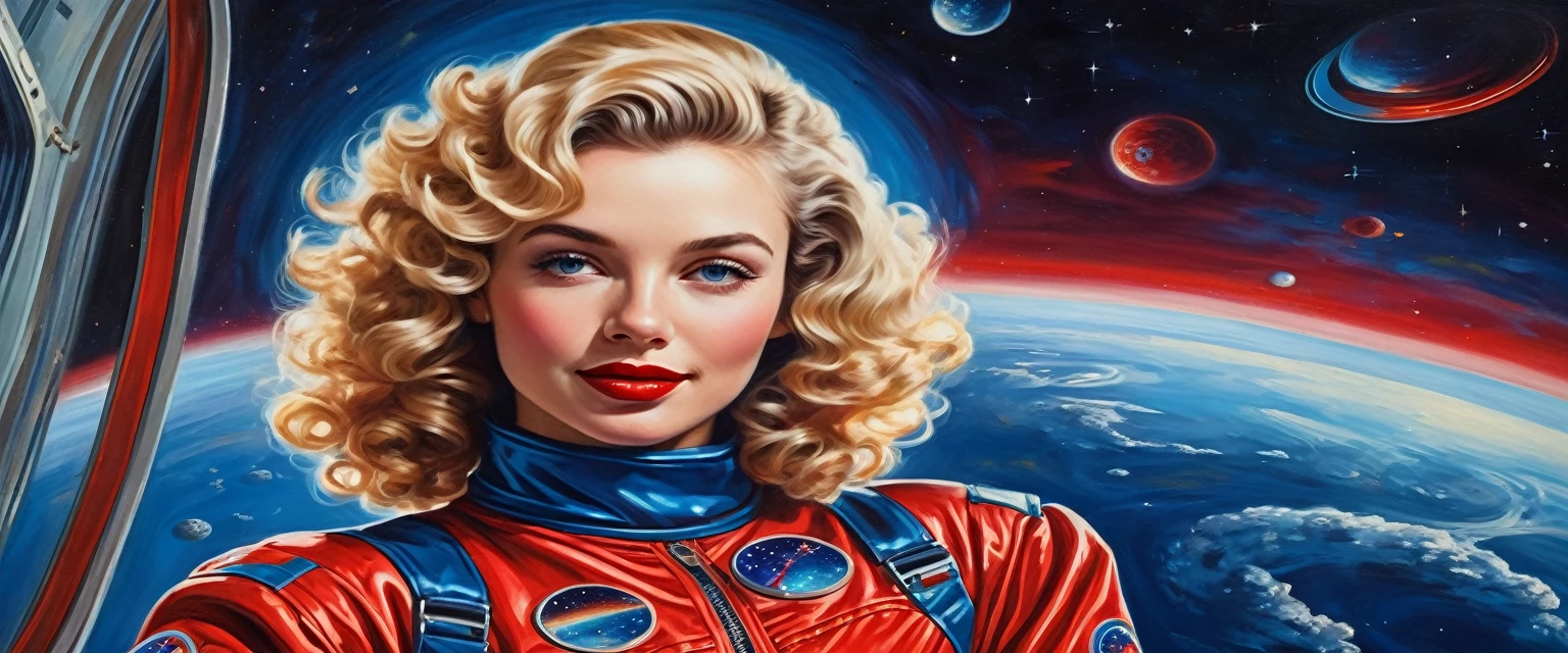 High-quality realistic acrylic art, VIVID COLORS, back point a view, a beautiful vintage european woman with blonde curly hair, looking at the viewer with suspicious face and a shy smile, red lips, she wears blue metalic atomic age style space suit, hands in the waist, dramatic blue red lights, in deep space with a partial planet in orbit