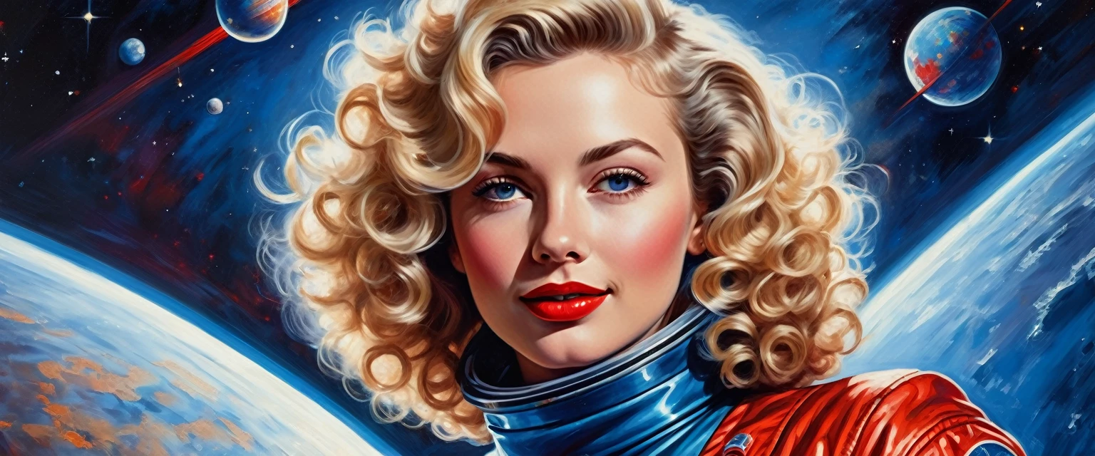 high contrast illustration, shades of blue colors, back point a view, a beautiful european woman, looking at the viewer with suspicious face and a shy smile, she wears shyne metalic space suit, hands in the waist, dramatic vivid lights, in deep space with a planet and sun