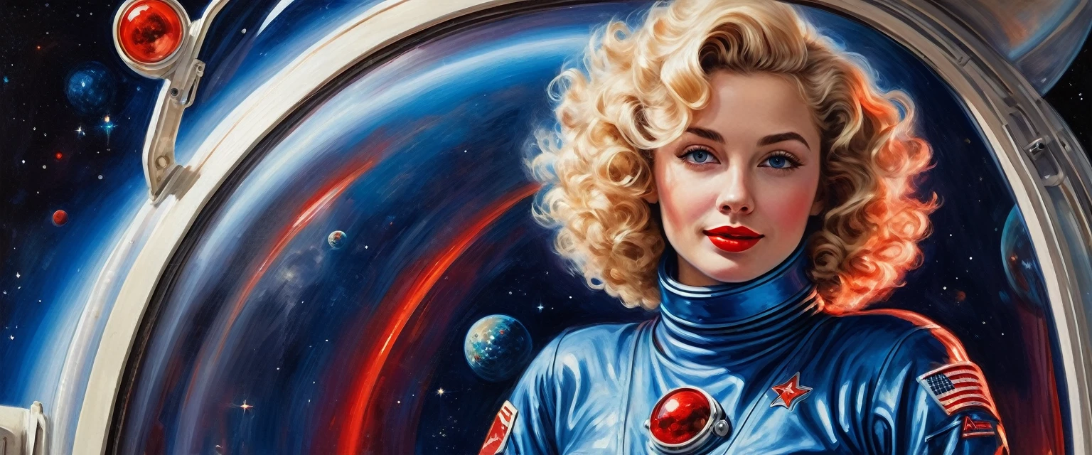 High-quality realistic acrylic art, VIVID COLORS, back point a view, a beautiful vintage european woman with blonde curly hair, looking at the viewer with suspicious face and a shy smile, red lips, she wears blue metalic atomic age style space suit, hands in the waist, dramatic blue red lights, in deep space with a partial planet in orbit