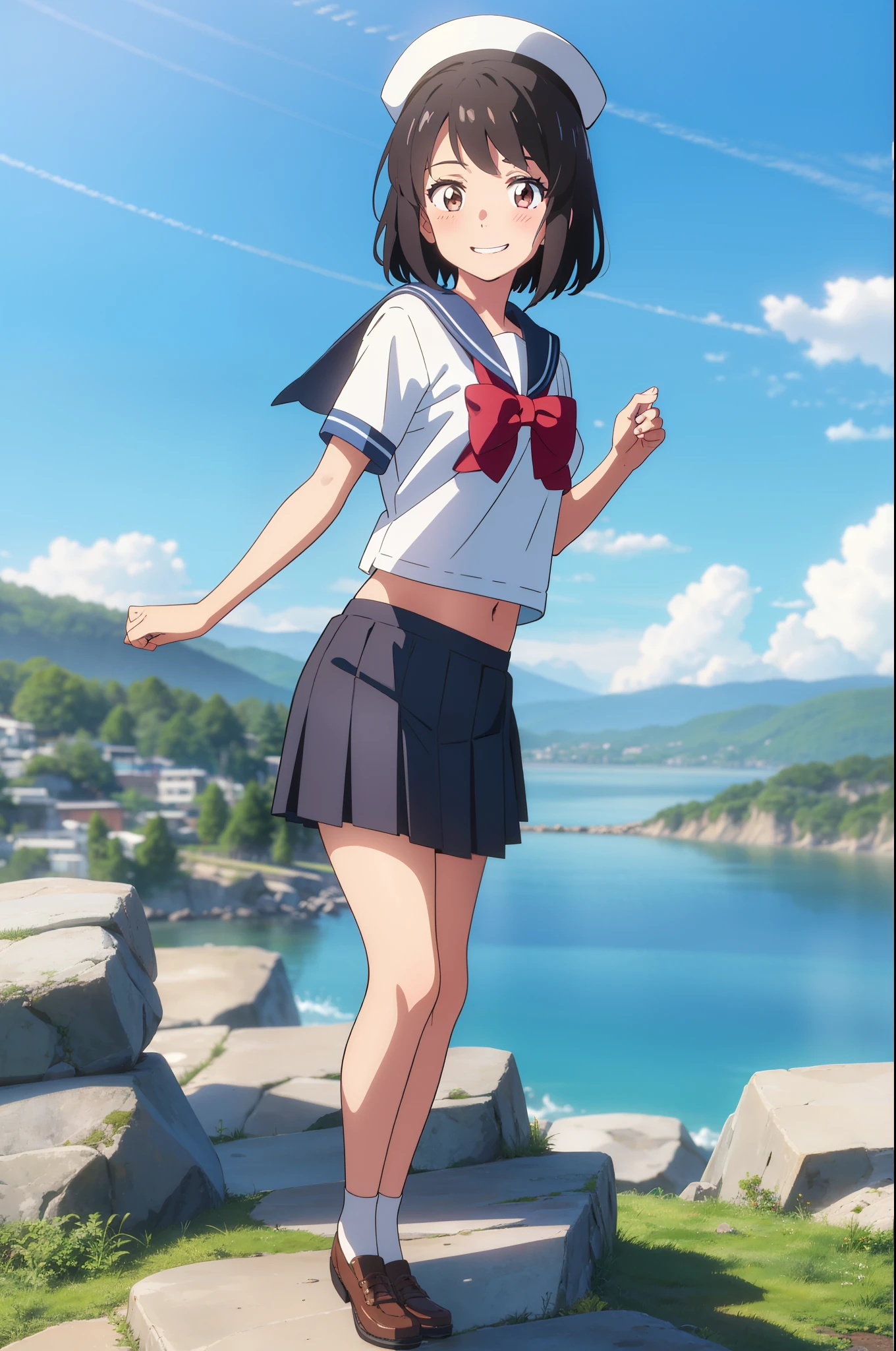 shinkai makoto, kimi no na wa., 1girl, bangs, black hair, blush, expressive eyes, brown eyes, perfect face, looking at the viewer, sailor uniform, sailor's hat, exposed navel, white shirt, short sleeves, blue skirt, short hair, solo, outdoors, shinny skin, smile, cute, grin, cloudy, blue sky, mountains, rocks, standing, (masterpiece), best quality