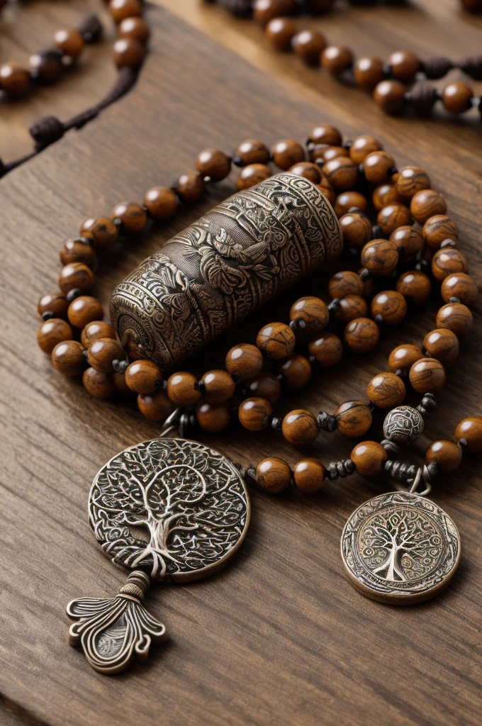 a prayer beads cord of a hundred spheric brown beads, with metalic medal carved with a tree, on a table, over a open book, focus in the medal