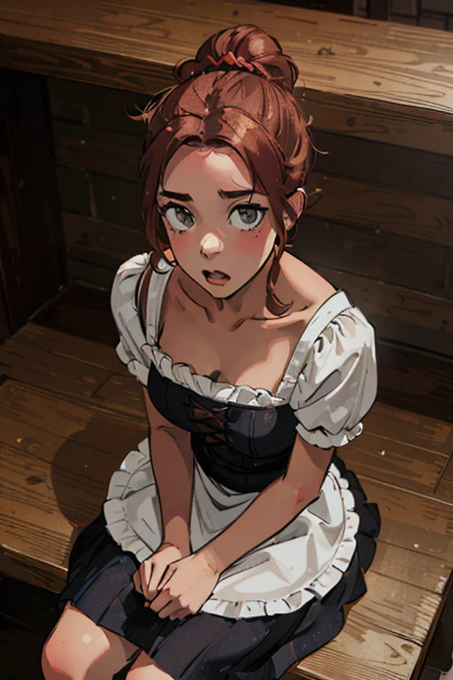 Dark redhead girl,hair bun, dressed as a classic maid, grey eyes, sitting on a chair, next to a long rectangular table that protrudes from the screen to the right, background wooden planks and a bunk bed, perspective from above 