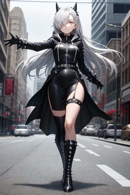 ((best quality)), ((masterpiece)), (detailed), 1 girl, Full body, 18 years old, Depressed face, Silver eyes, One eye, Outstretched arms, Covered eyes, Silver hair, Long hair, Spiky hair, Bangs, Strand of hair covering her eye, Full body, Tall, Athletic, Small breasts, Slim, Gray zippered hood, Metal spikes, Gray wristbands, Long black spiked gloves, Gray gothic outfit, Gothic, Gray dress with metal spikes, Metal emblem, Tight fit, Black belt, Black stockings, Black boots, Walking through the city, Metal spikes coming out of the highway, City background, Gray clothes, Superhero, Anime, Plush rabbit in her arms