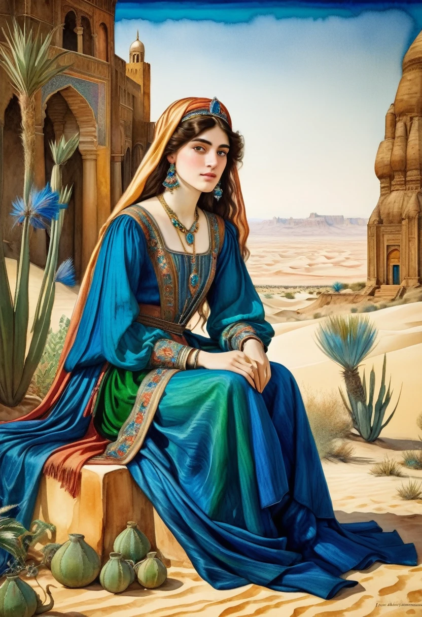 "An attractive young  princess Budur is sitting in Caracum desert" The outfit of a Persian princess ((in the style of Jan Davids de Hem / Albrecht-Altdorfer )), lush watercolor palette canvas/acrylic, intricate, extreme detail, complex key, ((single shot)), ((best quality)), ((masterpiece)), ((Pre-Raphaelism)), 8k, impressionism: 0.2 full hd wallpaper