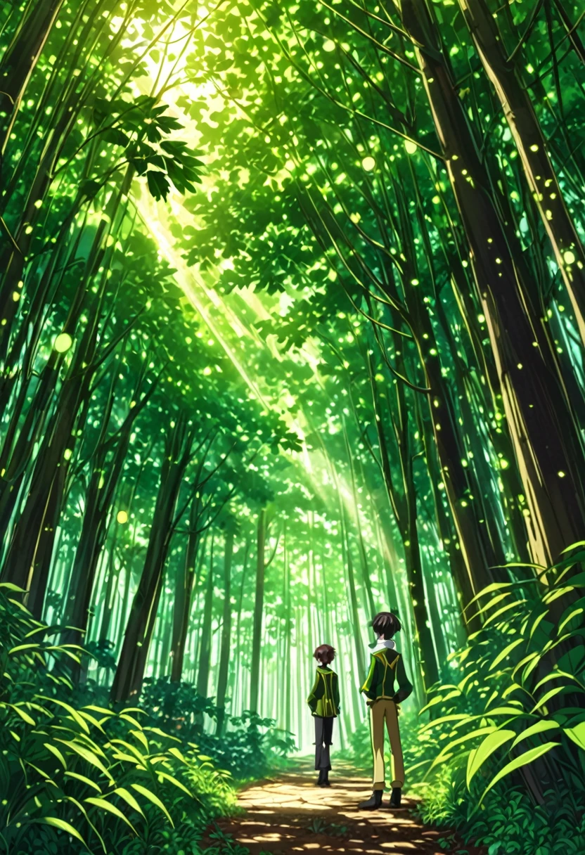 "Create a detailed fantasy artwork of a boy in an enchanted forest in the art style of Code Geass. He should have spiky, tousled hair, and wear a sleek, stylish outfit with intricate patterns, reminiscent of the character designs in Code Geass. The forest around him should be dense and vibrant, with towering ancient trees, glowing mushrooms, and sparkling fireflies. Soft rays of sunlight should filter through the canopy, casting a magical, dappled light on the scene. The overall atmosphere should be mystical and adventurous, capturing the boy's deep connection with the forest, with bold lines and vivid colors typical of the anime's aesthetic."