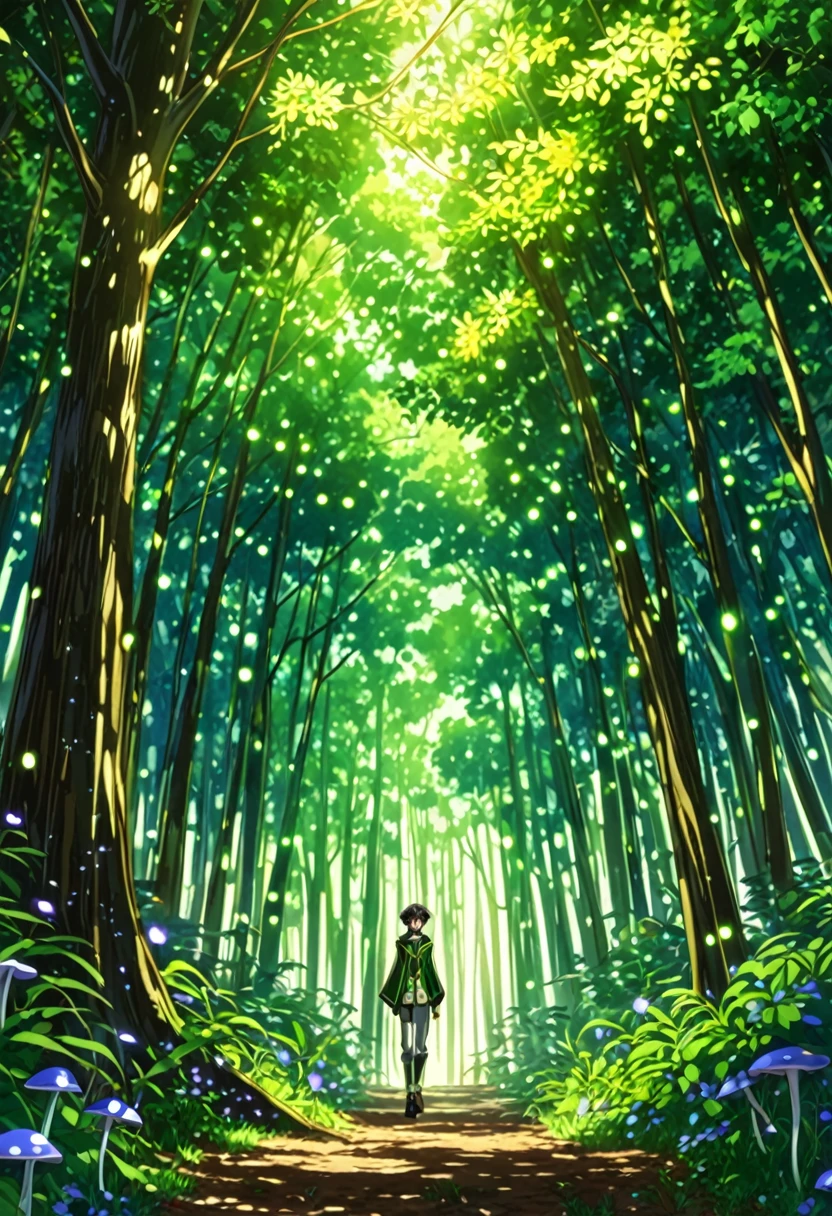 "Create a detailed fantasy artwork of a boy in an enchanted forest in the art style of Code Geass. He should have spiky, tousled hair, and wear a sleek, stylish outfit with intricate patterns, reminiscent of the character designs in Code Geass. The forest around him should be dense and vibrant, with towering ancient trees, glowing mushrooms, and sparkling fireflies. Soft rays of sunlight should filter through the canopy, casting a magical, dappled light on the scene. The overall atmosphere should be mystical and adventurous, capturing the boy's deep connection with the forest, with bold lines and vivid colors typical of the anime's aesthetic."