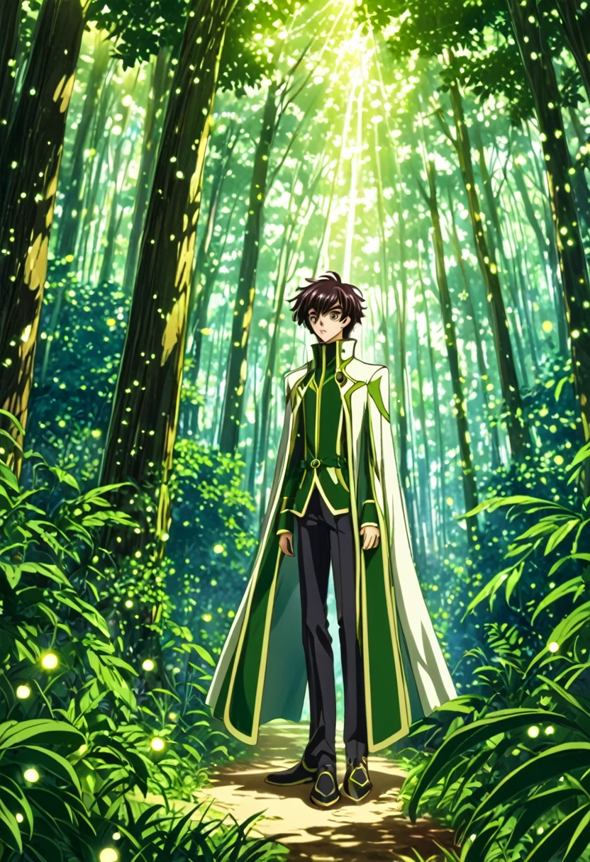 "Create a detailed fantasy artwork of a boy in an enchanted forest in the art style of Code Geass. He should have spiky, tousled hair, and wear a sleek, stylish outfit with intricate patterns, reminiscent of the character designs in Code Geass. The forest around him should be dense and vibrant, with towering ancient trees, glowing mushrooms, and sparkling fireflies. Soft rays of sunlight should filter through the canopy, casting a magical, dappled light on the scene. The overall atmosphere should be mystical and adventurous, capturing the boy's deep connection with the forest, with bold lines and vivid colors typical of the anime's aesthetic."