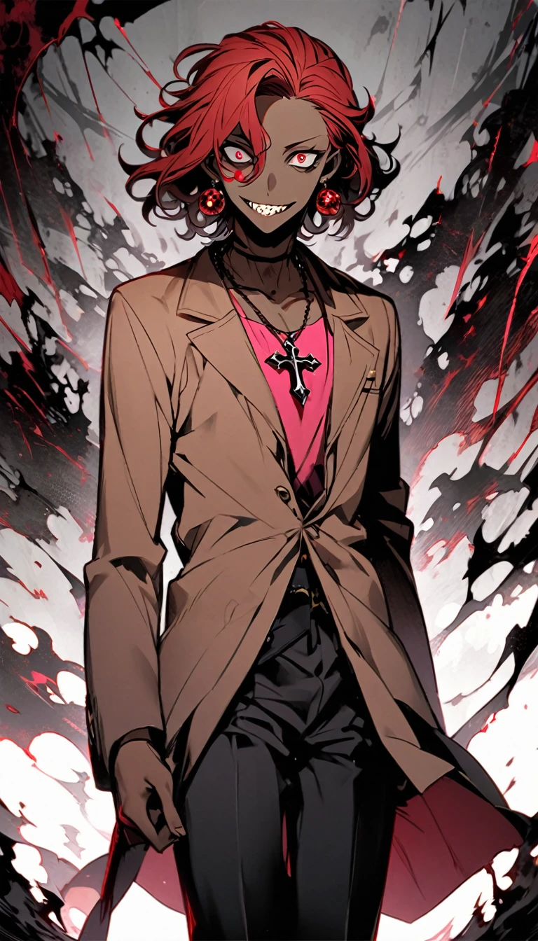 a man with dark skin with curly red hair, he wears a pink shirt with a brown coat and a necklace with an inverted cross attached to it as a pendant, he has red eyes with distorted pupils and a three-pointed scar in the middle of his head. forehead, he wears red pebble earrings, he wears black dress pants and mid-calf boots with high heels, he has a horrifying smile with several crooked teeth, he stares at you in an extremely frightening way, he is handsome with a elegant yet extremely hideous and strange way.