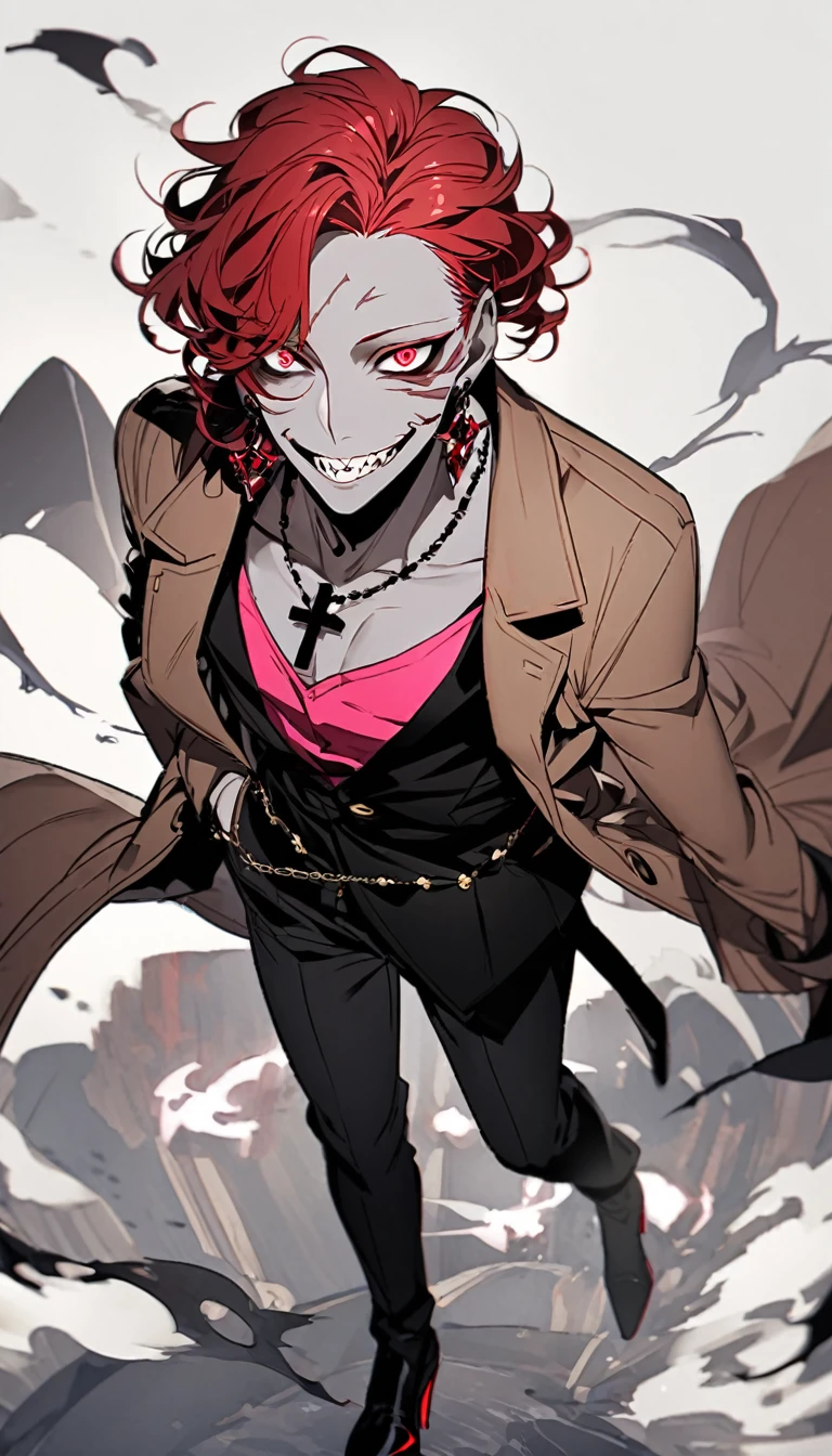 a man with dark skin with curly red hair, he wears a pink shirt with a brown coat and a necklace with an inverted cross attached to it as a pendant, he has red eyes with distorted pupils and a three-pointed scar in the middle of his head. forehead, he wears red pebble earrings, he wears black dress pants and mid-calf boots with high heels, he has a horrifying smile with several crooked teeth, he stares at you in an extremely frightening way, he is handsome with a elegant yet extremely hideous and strange way.