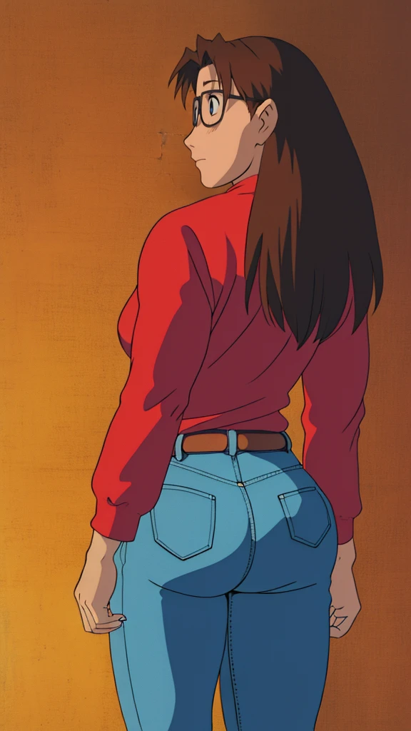 Koyomi mizuhara, glasses, brown hair, long hair, medium breasts, sports Long sleeved Jersey shirt, medium bubble butt, biker leggings, back of view, Wallpaper, luscious lips, 90’s, vintage, high quality, tight jeans, touching her butt cheeks, looing back, aroused, eyeing you, lewd smirking