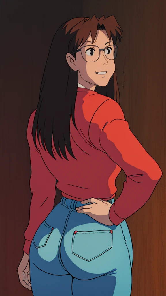 Koyomi mizuhara, glasses, brown hair, long hair, medium breasts, sports Long sleeved Jersey shirt, medium bubble butt, biker leggings, back of view, Wallpaper, luscious lips, 90’s, vintage, high quality, tight jeans, touching her butt cheeks, looing back, aroused, eyeing you, lewd smirking