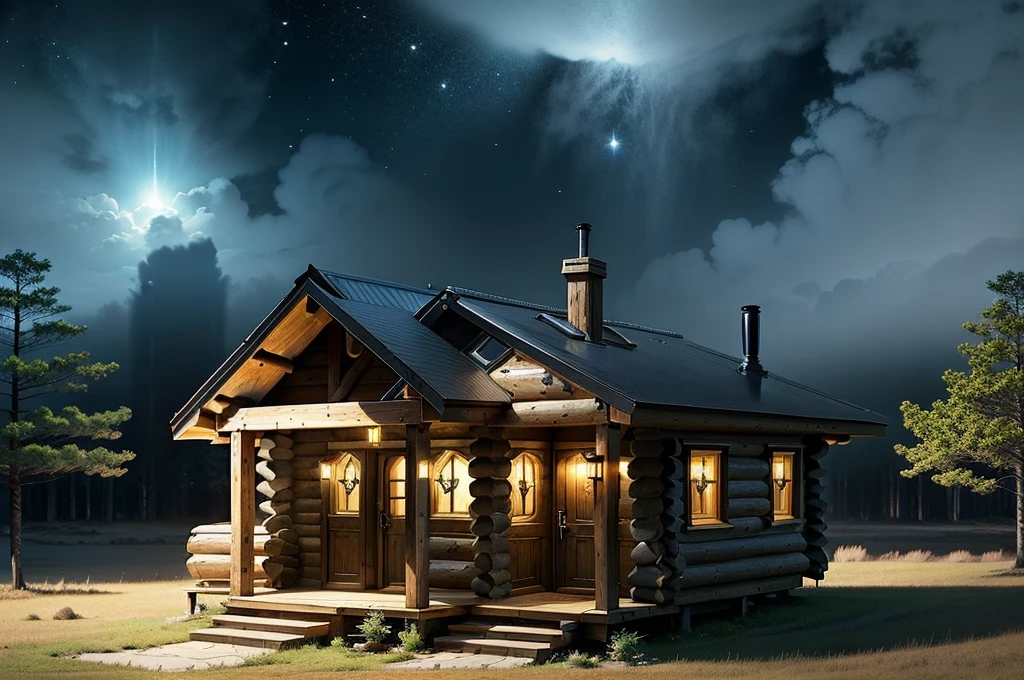 amazing awesome futuiristic sci fi log cabin home , amazing lighting, varying styles, exterior shot taken in forest, amazing shapes
