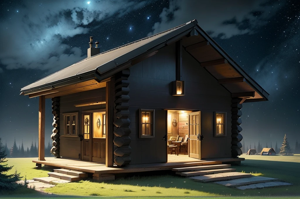 amazing awesome futuiristic sci fi log cabin home , amazing lighting, varying styles, exterior shot taken in forest, amazing shapes
