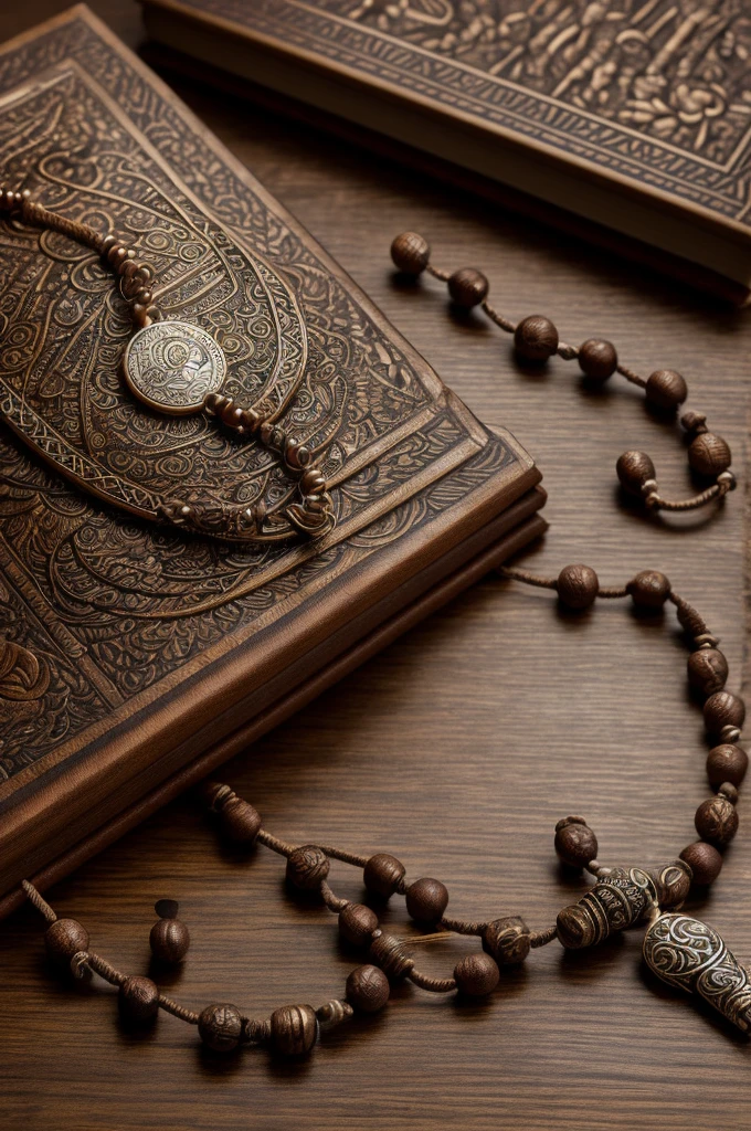 a prayer beads cord of a hundred brown beads, metallic medal carved with a tree, on a table, open book, detailed medal, intricate carving, warm lighting, photorealistic, highly detailed, studio lighting, 8k, professional photography