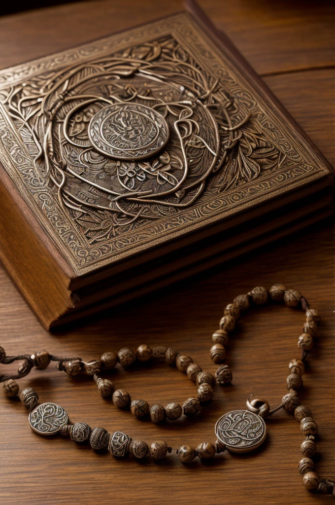 a prayer beads cord of a hundred brown beads, metallic medal carved with a tree, on a table, open book, detailed medal, intricate carving, warm lighting, photorealistic, highly detailed, studio lighting, 8k, professional photography