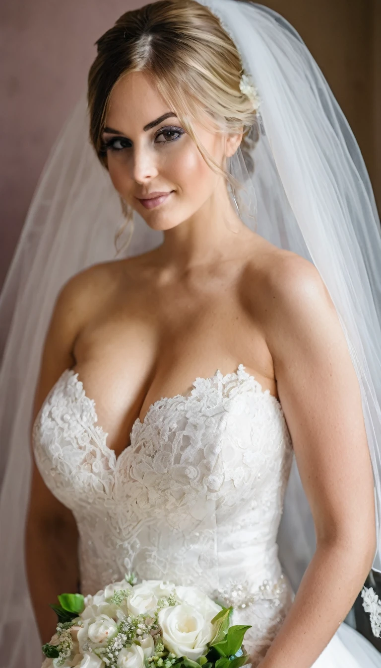 Girl with huge sagging breasts with a sweetheart neckline and a lace neckline ,bridal veil and bouquet 