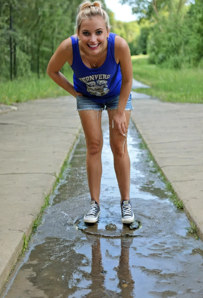 blonde woman, blue eyes, inviting smile, distressed skinny jeans, converse chuck sneakers, tank top, peeing shorts, pee runs down legs into sneakers, pee puddles around sneakers, pee stains are gleaming wet, sneakers are soaking wet