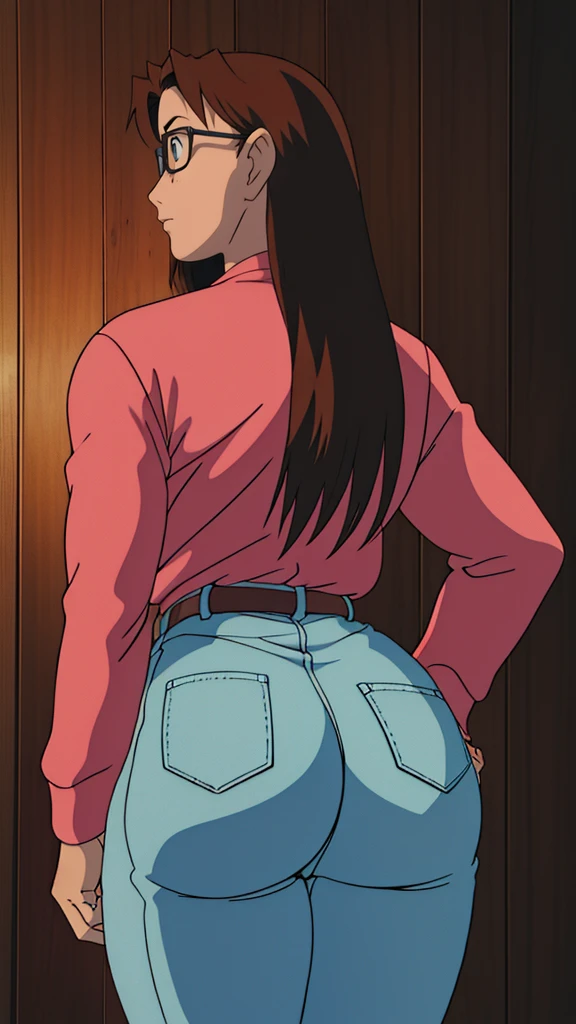 Koyomi mizuhara, glasses, brown hair, long hair, medium breasts, sports Long sleeved Jersey shirt, medium bubble butt, biker leggings, back of view, Wallpaper, luscious lips, 90’s, vintage, high quality, tight jeans, touching her butt cheeks, looing back, aroused, eyeing you, lewd smirking