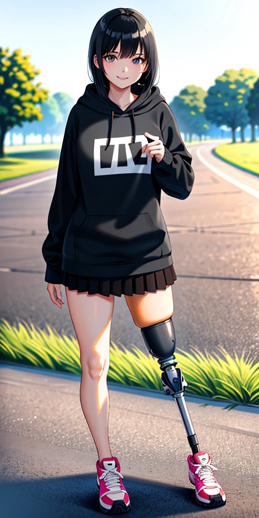 best quality, 1girl, solo, standing, outdoors, medium hair, black hair, straight hair, looking at viewer, medium breasts, (prosthetic leg:1.2), full body, smiling, (skirt:1.2), two prosthetic legs, sneakers, lycra skirt, oversized_hoddie, black oversized_hoddie.