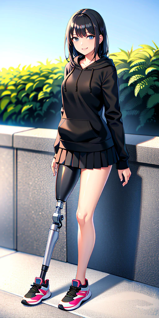 best quality, 1girl, solo, standing, outdoors, medium hair, black hair, straight hair, looking at viewer, medium breasts, (prosthetic leg:1.2), full body, smiling, (skirt:1.2), two prosthetic legs, sneakers, lycra skirt, oversized_hoddie, black oversized_hoddie.