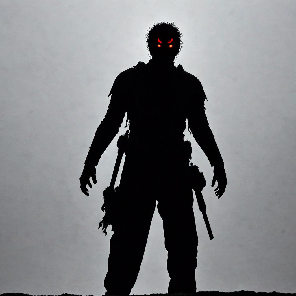 A hideous silhouette, left, red-eyed, darkness, refers to fear