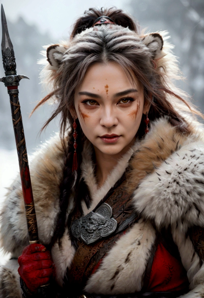 (best quality,4K,8K,high resolution,masterpiece:1.2),Very detailed,(current,photocurrent,photo-current:1.37),Thick fur winter coat,Creative fusion of traditional Chinese design patterns and contemporary elements, High Ponytail,There is blood on the face,Red paint, Strong expression, Full of energy, Sharp eyes, 1 warrior, Handsome face, Tiger beast, Epic Fantasy Character Art, wearing intricate fur armor, Luis Royo (Luis Royo) style, Northern female warrior holding a spear, HDR, Ultra high quality, Studio Lighting, Ultra-fine, Be focused, Physically Based Rendering, Very detailed description, professional, Vibrant colors, bokeh, portrait, landscape